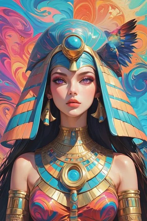 psychedelic painting, Psychedelic characters, psychedelic scene, Psychedelic world, Egyptian art, futuristic style, psychedelic artist, Realistic painting effect, realistic painting quality,   Image quality  , custom creation style, custom painting, two ar...