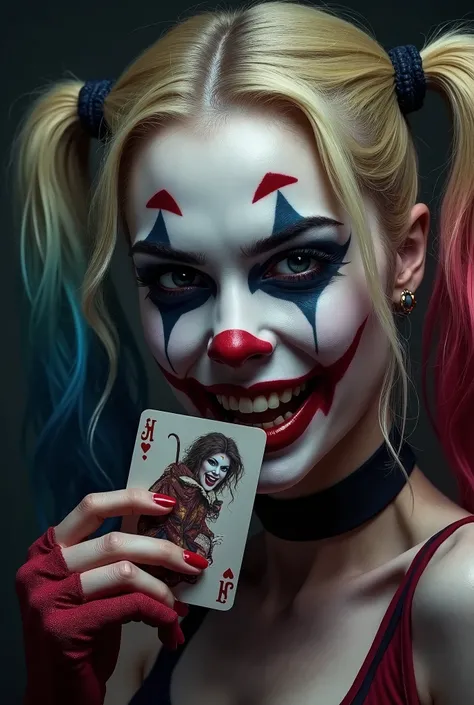  Image illustration of Harley Quinn's face zoomed in with dramatic artistic makeup by Joker she has rainbow-colored hair is smiling maliciously holding a Joker playing card. dark image, Mysterious and dramatic zoom on expressions and har  