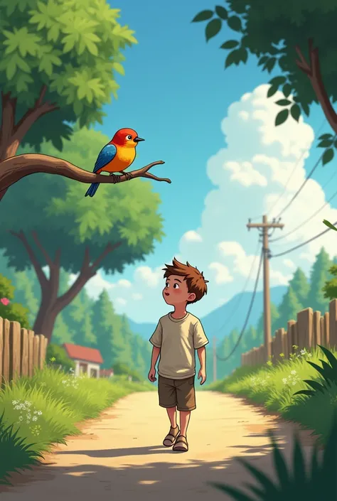 A boy is walking down the road and a bird is sitting on a tree branch calling as he walks