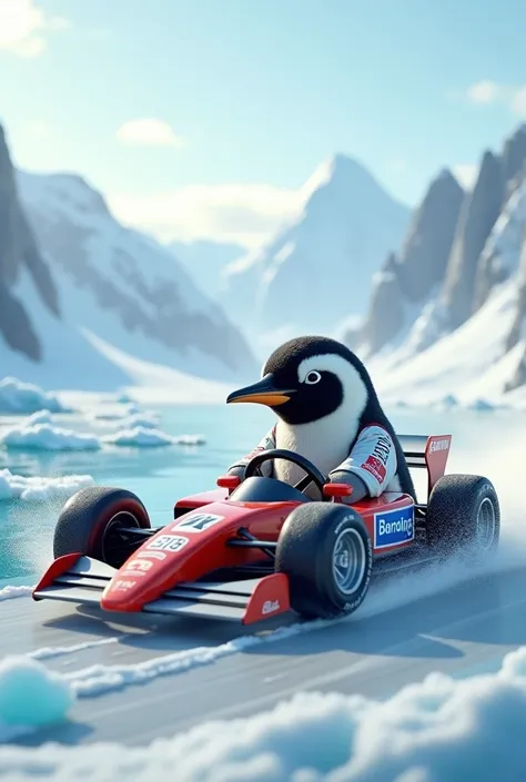 A penguin driving a formula 1 car in antarctica