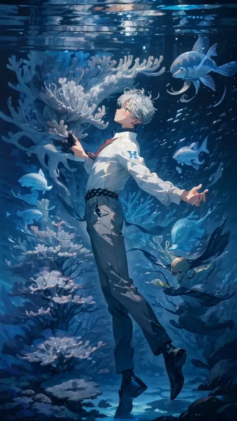 (( gray hair short hair 1 man:1.4))，Full body solo shooting、((seabed:1.4))、Floats in water、Lots of small fish、 white shirt 、Bubble、jellyfish、Coral Reef、Blue Fish、swim