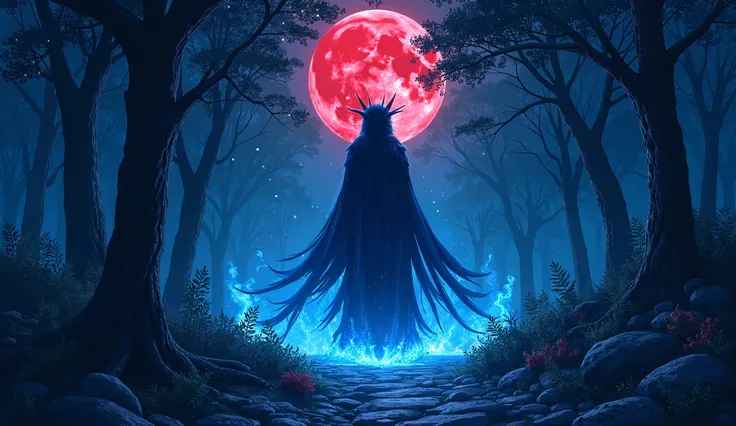 hand drawn illustration of a monster djinn in blue in the middle of the forest at night with a red moon,  conceptual art,under the，  anime style ，Dreamland Wonderland、Fantasy，    masterpiece  ，HD，colorful， detailed details 