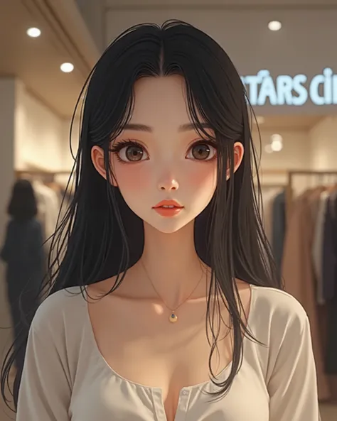 skirted,
 with a white top ,
 beautiful face ,
 Clear Features ,
 long lashes,
Round face,
 looking at the screen {x} woman entering the store,
 long straight black hair ,
흰 상의를 입고있는