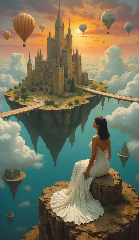 A surreal dreamscape painting, by Salvador Dali, many floating islands and bridges connecting one island to another. all around are floating elements like melted jam, worn hot air balloons, and impossible, colorful architecture. "There is a beautiful woman...