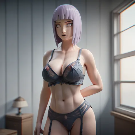 1girl, Solo, High Resolution, Masterpiece, Anatomically Correct, Best Quality, Super Detailed, Textured Skin, Large breasts, Image Fill, Cinematic Lighting, Ray Tracing, Unreal Engine, Unreal Engine, 3D Rendering, Hinata Hyuga (NARUTO), Lingerie, Bedroom