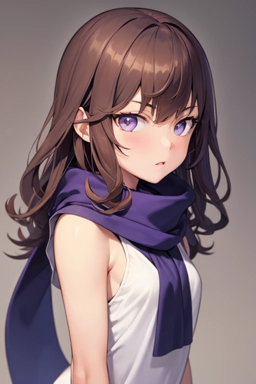 ((best quality)), ((masterpiece)), (detailed), 1 girl, young adult, purple eyes, long blue scarf, brown hair, long hair, wavy hair, bangs, brown collar, somewhat short, very thin, anime