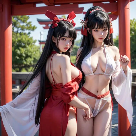 woman、Shrine maiden、18 years old、Japanese loincloth、Dancing with clothes open、 black hair、 long hair、 Her Pubic Hair Is See-Through 、 my bangs are all cut、 big breasts、Your eyes are shining、能舞台でShrine maiden舞を踊っている、