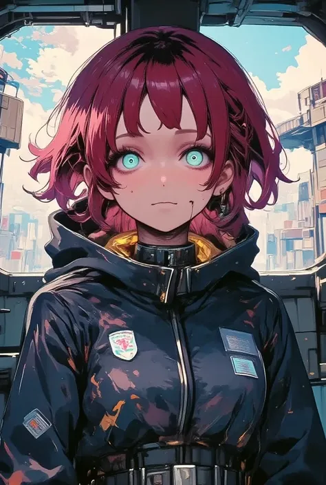 Short curly hair that is red and rises above the eyebrows,  Side hair with braids that go down below the ears ,  Back of hair that doesn't cover her neck ,  bodysuit pilot suit , The jacket worn over it,  full body picture ,  Gundam pilot inside the cockpi...