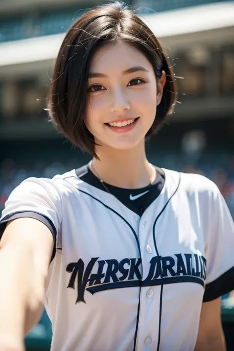 young women，black hair，Beauty， written TBDS on front of baseball ，A girl with a baseball bat ，Wear baseball ， Confident smile ， first person view，reality，眼睛看前方 1 girl,  1 girl, short hair, Real People， jersey