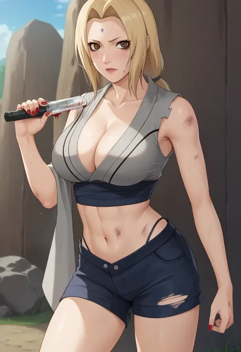  score_9,  score_8_  up,  score_7_  up,
ツ,   1 girl, Alone, Tsunade  ( Naruto), (  cleavage),  blonde,   Lost Tales, Mark on the forehead,   brown eyes,   big breasted  , Grey kimono,   sleeveless kimono ,  shoulder out,   nail polish  , Red nails,  navy b...