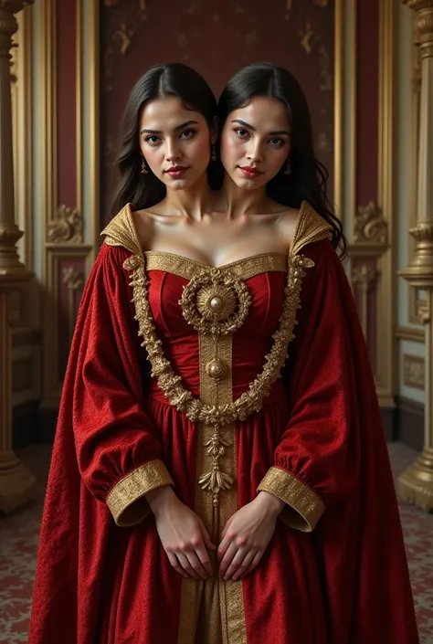 front top view , Filipina-French, two heads sharing a body, A queen wearing royal robes , realistic, looking at the camera, Throne room background, hands at the waist, medium built body.