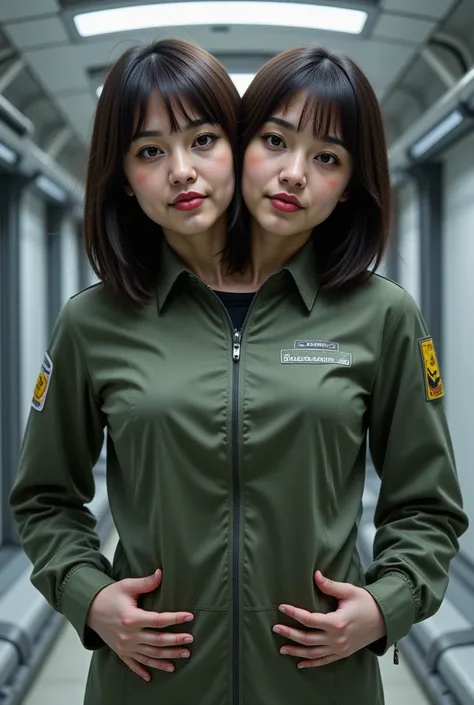 front top view , Filipina-French, two heads sharing a body, Wearing a gundam pilots uniform from the federation, realistic, looking at the camera, Gundam hangar background, hands at the waist, medium built body.