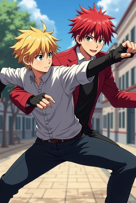 Create images,  one with a male character (Blonde hair and short height) giving a front kick , While your opponent ( red hair, tall and thin and a male character) Can you block your opponent's kick with your arm.  Make the anime-style scene, And with gangs...