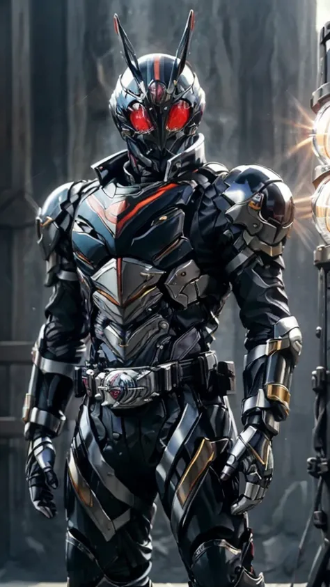    man wearing a full-face helmet that covers most of his face   ,   マッドブラックをベースにした、 biomimetic fantasy style armor   , ブラックteeth  、The design is accented with metallic black textures 。 このキャラクターteeth 、  teeth、 embodies the design of an anime-style warrior ...