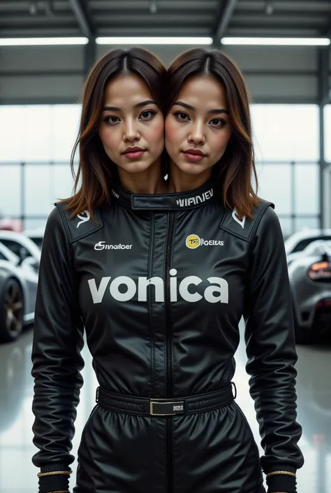 front top view , Filipina-French, two heads sharing a body, Wearing a racing suit, realistic, looking at the camera, supercars hangar background, hands at the waist, medium built body.