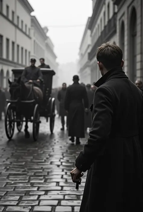 **"A tense street scene in Sarajevo, 1914, with a young man in a dark coat hiding in the shadows, nervously holding a small pistol. A royal carriage with Franz Ferdinand and his wife passes by, unaware of the impending danger. The atmosphere is tense, with...