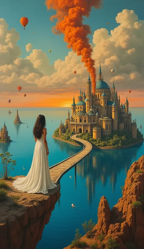 A surreal dreamscape painting, by Salvador Dali, many floating islands and bridges connecting one island to another. all in fire-damaged condition and emitting thick, colorful smoke, all around are floating elements like melted jam, worn-out hot air balloo...