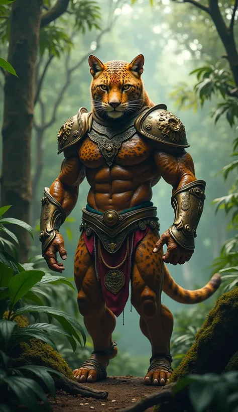 a strong and muscular humanoid hybrid jaguar wearing armor in the Amazon rainforest