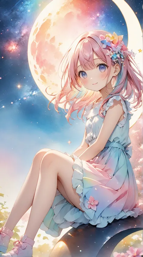  8k resolution、(((Masterpiece)))、((  best quality ))、((Masterpiece))、The background is a starry sky、universe、 Milky Way、Woman Sitting on Crescent Moon  、Nightcore、4k anime wallpaper、 More beautiful than Kirra、  anime style 4k 、  Anime Art Wallpaper 8K 、  U...