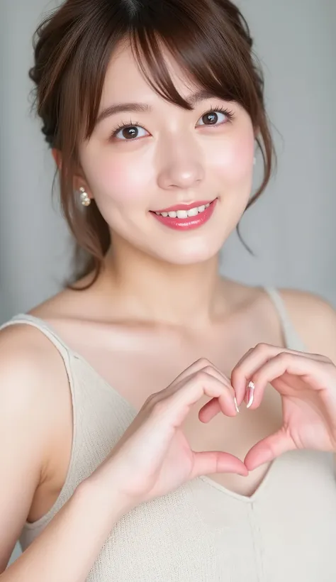  Super Fine、An upshot of her face、She smiles, wears a camisole, and poses with her hands in the shape of a heart in front of her chest、The background is plain、  high definition、細部にわたって high definition