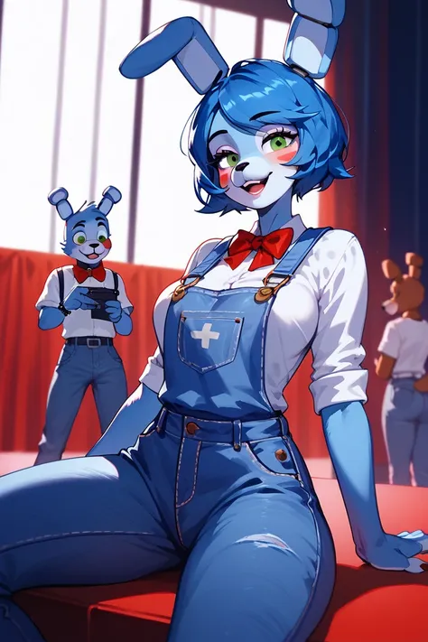 Toy bonnie (FNAF), female, sexy, black nose, boobs, white shirt, red bowtie, overalls, looking seductive, playing a gutar, normal human neck, on stage, anthro furry, 