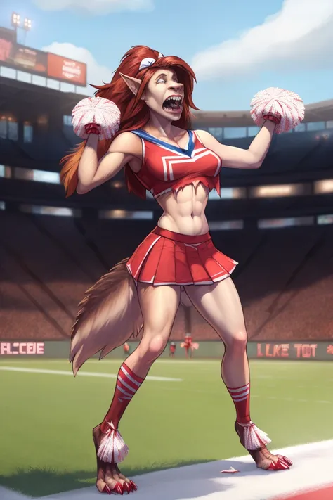 lap, looking shocked, looking surprised, painful expression, (a female college cheerleader is getting transformed into a werewolf), , digitigrade, colege cheerleader is getting transformed into a werewolf , ripped clothes, breast, bust, BREAK (by zackary91...