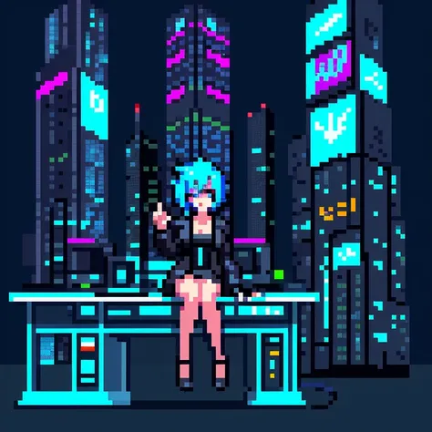 **Zara, the Cyberpunk Hacker**: A tech-savvy hacker with neon blue hair and cybernetic implants. She wears a sleek, black leather jacket with glowing circuit patterns. The background is a futuristic cityscape at night, with towering skyscrapers and hologra...