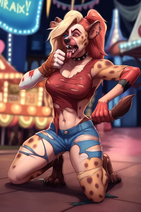 lap, looking shocked, looking surprised, painful expression, (Harley Quinn is getting transformed into a hyena), , digitigrade, Harley Quinn is getting transformed into a hyena , ripped clothes, breast, bust, BREAK (by zackary911, by braeburned, by haps), ...