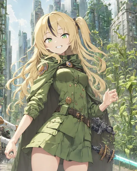  best quality ,A perfect masterpiece,((perfect artwork)),16k, 1 girl, Gold hair,(((highlights hair,Black streaked hair))), long hair,  side up,((field jacket)),((middle skirt)).((city with green skyscrapers covered in plants)),((soldier)),  tall ,((medium ...