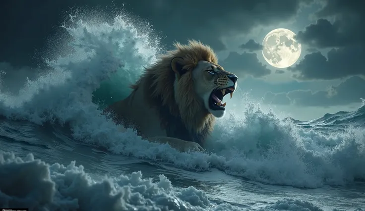 A stormy sea with big waves, From one of them emerges in the foam the head of a lion with its mouth open, roaring in a very aggressive attitude, In the sky between storm clouds in a clearing a big Moon appears.  high quality 8K 