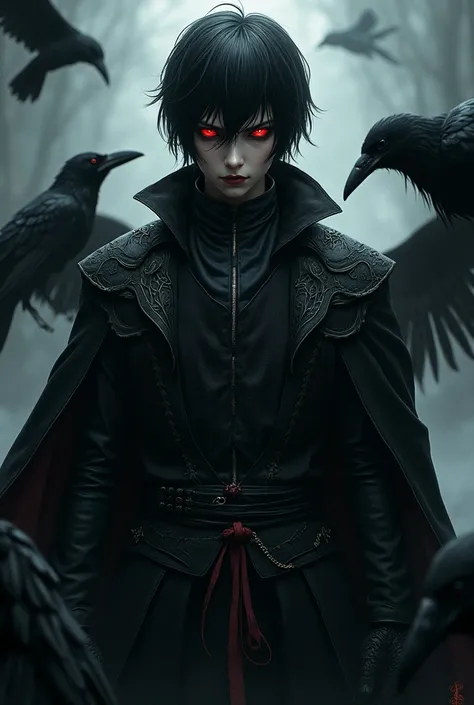  Villain with red eyes short hair Black,hunter costume with crows  