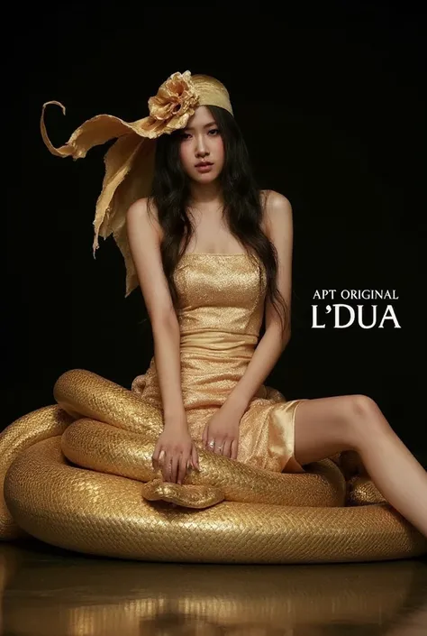 A beautiful Chinese woman with long black hair, wearing a golden short-sleeved strapless dress, sits atop the body of a huge snake wrapped around her, framed in full shot with dramatic lighting. The snake has gold scales, and the scene is styled in the APT...