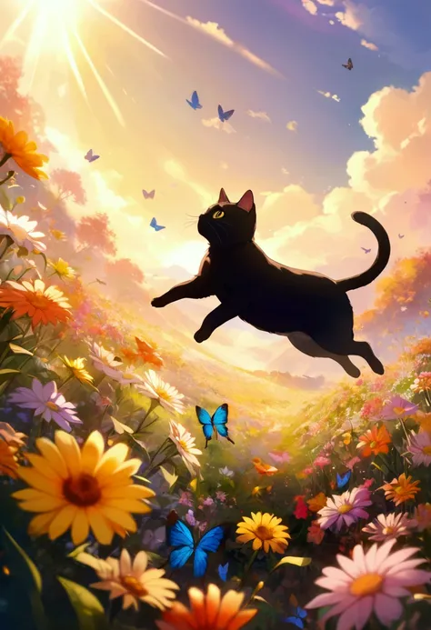 Animation, work of art, 8K quality, sunlight streaming in, black cat happily hopping around in a flower field above golden clouds, butterflies flying, colorful flowers background, telephoto lens, side view.