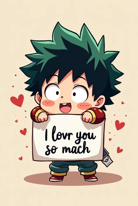 cute Chibi Izuku Midoriya from My Hero Academia hugging while holding a sign that says “i lovr you so mach” in cute, playful lettering.