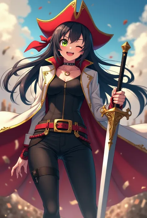 ( maximum quality,  best quality,  official art , beautiful and aesthetic:1.2) female anime, rebel warrior girl ,  lively and courageous personality ,  long black hair ,  golden right eye , left eye green,  voluminous white coat ,  red and gold pirate hat ...