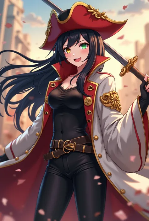 ( maximum quality,  best quality,  official art , beautiful and aesthetic:1.2) female anime, rebel warrior girl ,  lively and courageous personality ,  long black hair ,  golden right eye , left eye green,  voluminous white coat ,  red and gold pirate hat ...