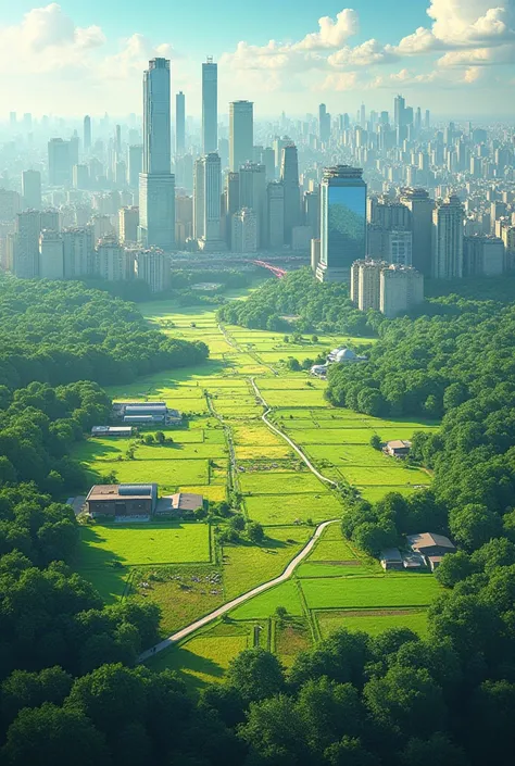 farmland in the middle of the picture and sorrounded by manny buildings 