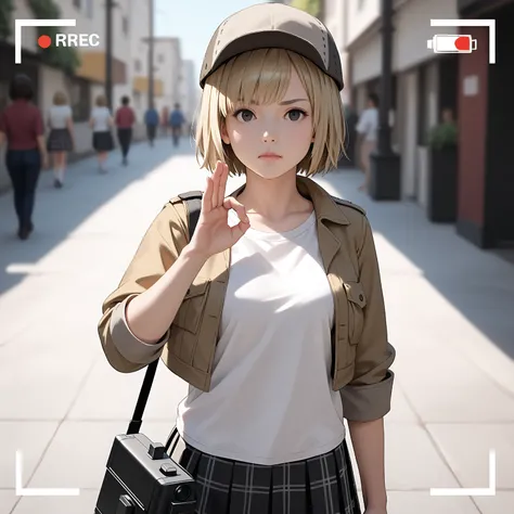 rating_questionable,
(cowboy shot), dutch angle, from lower,
1girl, solo,
ash blonde hair, short bob cut, asymmetrical hair, black eyes,
wearing a beige Cropped Jacket, (deerstalker hat), white solid undershirt, checkered mini skirt, thighhighs, detailed c...