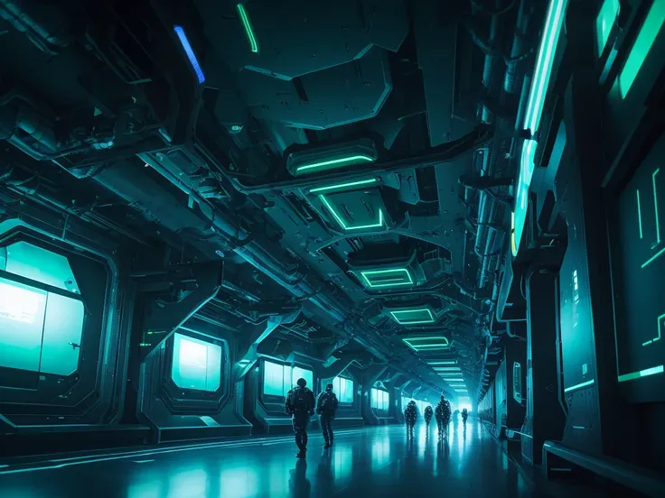  A magnificent SF research facility illuminated by emerald lights, Over Technology , Researchers dressed in sci-fi style walk around, The security drones are flying