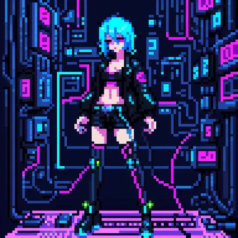 **Cyberpunk Hacker Zara**: A tech-savvy hacker with neon blue hair and cybernetic implants. She wears a sleek black leather jacket with glowing circuit patterns on it.Full body shot, standing front and side