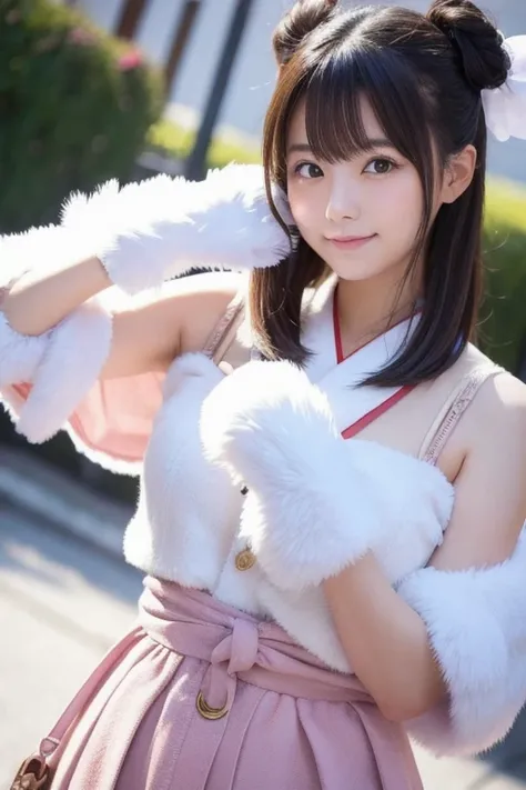 Japanese girl wearing fluffy gloves　