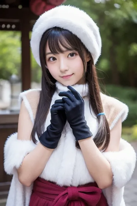 Japanese girl wearing fluffy gloves　