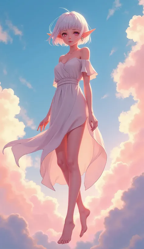 masterpiece, anime 2d, draw detailed, 8k, close low angle, bright white hair, bob cut, earing, beautiful elf descending from an ethereal and shiny sky, she wears an elegant semi-transparent pastel pink Greek tunic, you can see her bare legs and feet, she h...