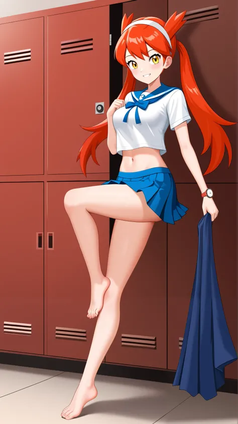 (( best quality )), ((masterpiece)), (( Details)),  1girl , Two legs, two arms, Red hair color,  twin tails,  long hair,  yellow eyes, 1 Female, Age 18,  long-sleeved sailor suit that brings the chest to the center,  blue pleated mini skirt ,  schoolgirl, ...