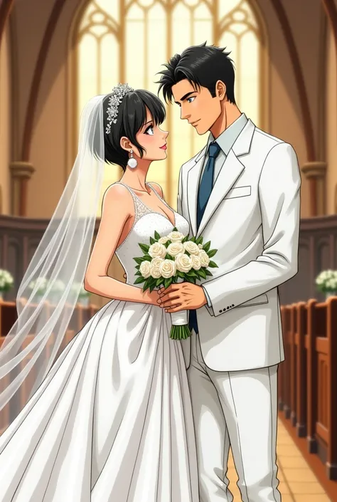 In the image it is a church and a couple is getting married:  A beautiful mature woman with short black hair,  brown eyes and big breasts and white wedding dress,  and a mature man , high,  with black hair and blue eyes ,  wearing a white suit .  anime sty...