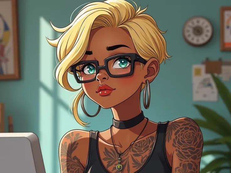 create for me an image of a young blackwoman with short blonde hair, studying and with prescription glasses, big earrings and tattoos create for me an image of a young black woman with short hair, studying and with prescription glasses, big earrings and ta...