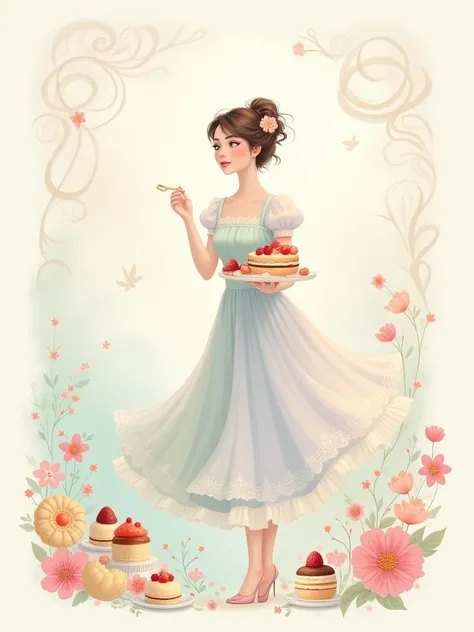 Create me a pastry lady with pastel colors and illustrative 