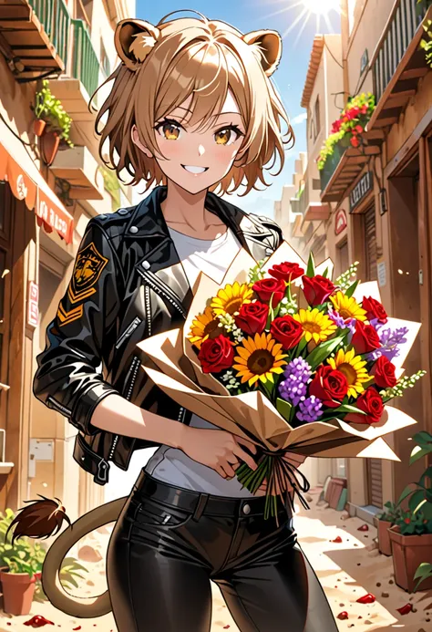 single woman,  lion's ears and tail,  short hair, Wild and sandy , hazel eyes, adjust,  wide shoulder leather jacket,  narrow waist ,  BOUQUET, tomboy, to smile, sunny, hairy claws , medium plan, pose spicy