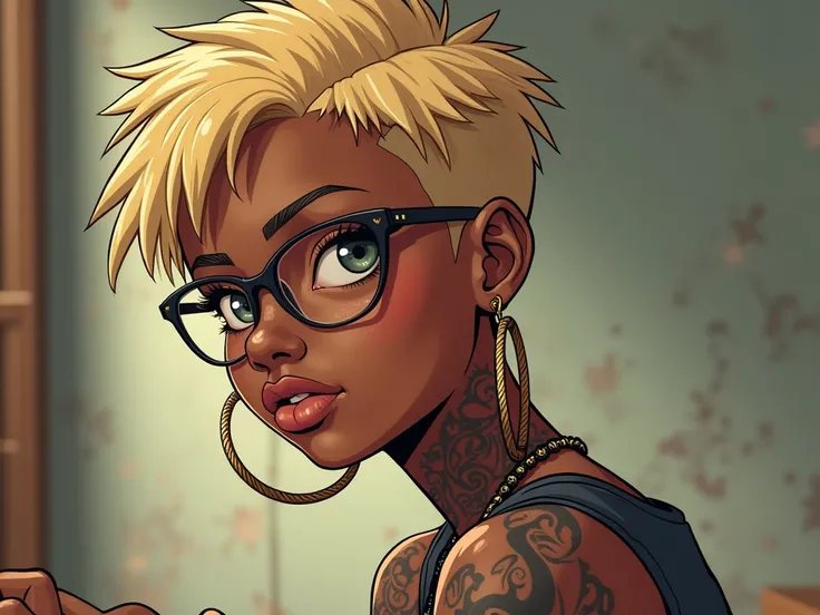 create for me an image of a young blackwoman with short blonde shaved hair, studying and with prescription glasses, big earrings and tattoos create for me an image of a young black woman with short hair, studying and with prescription glasses, big earrings...