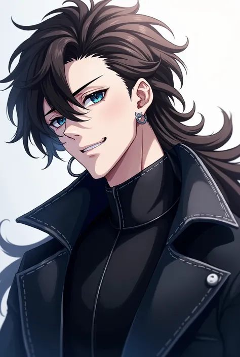  A 26-year-old male character  , athletic size realistic anime style  ,with cold dark blue eyes  , long wavy hair split on the light brown side ,skin as white as marble  , a black coat with a high collar , a black leather overcoat and silver hoop earrings ...